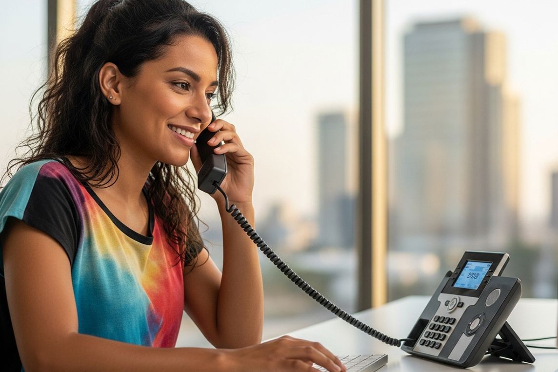 Woman uses voip phone at work